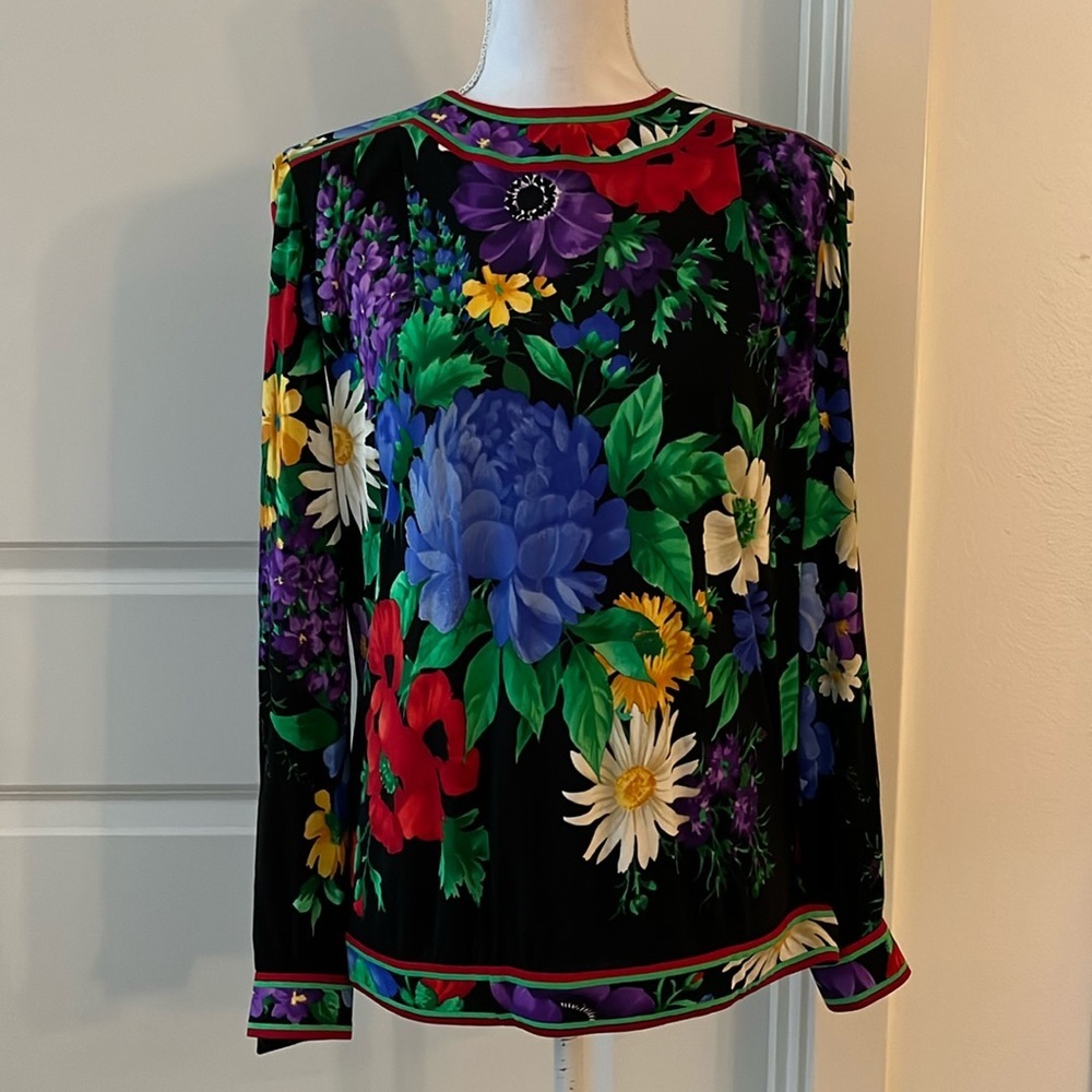 LEONARD Paris Black Floral Print Blouse, Vintage, 100% Silk